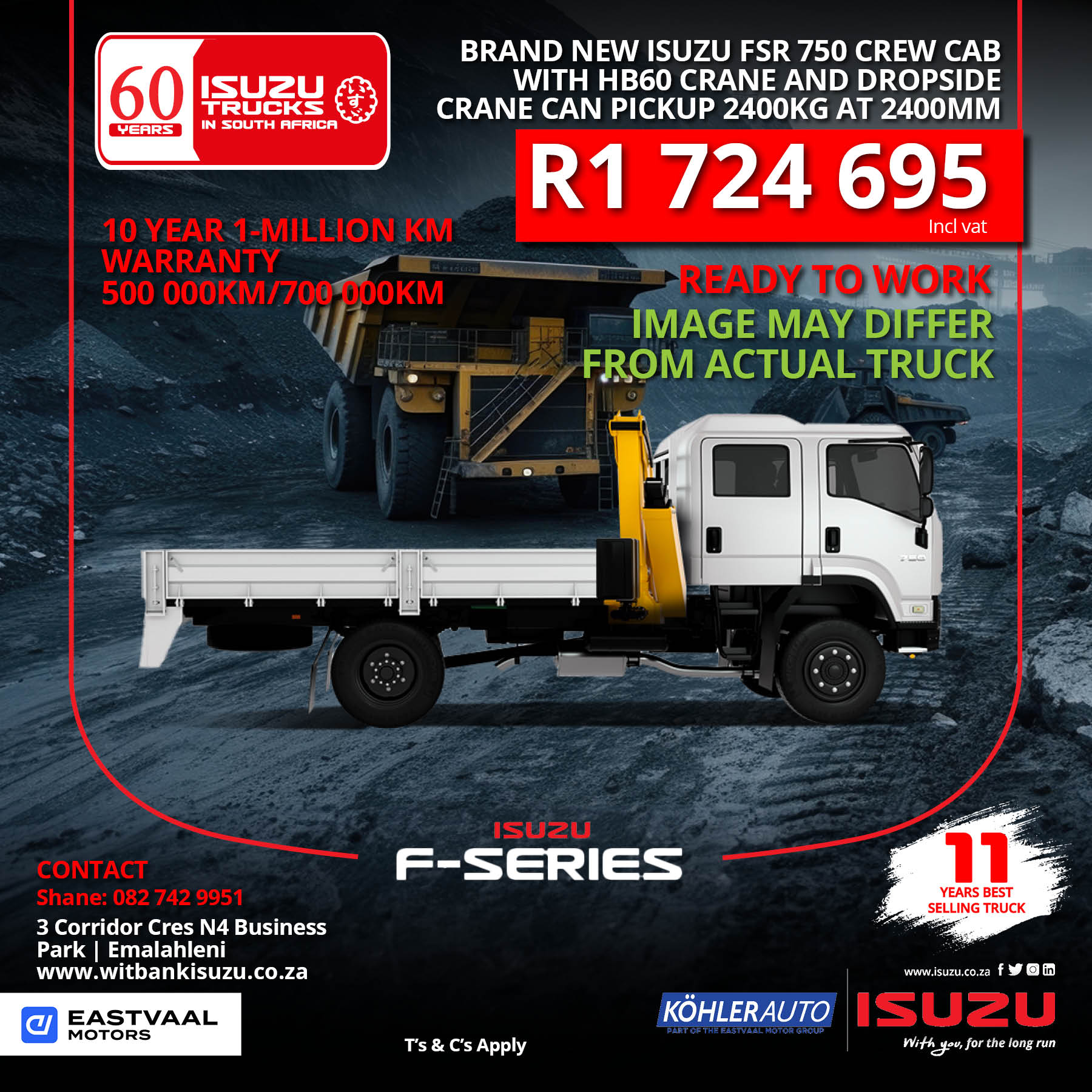 Isuzu FSR 750 crew cab with HB60 crane & dropside image from Eastvaal Motors