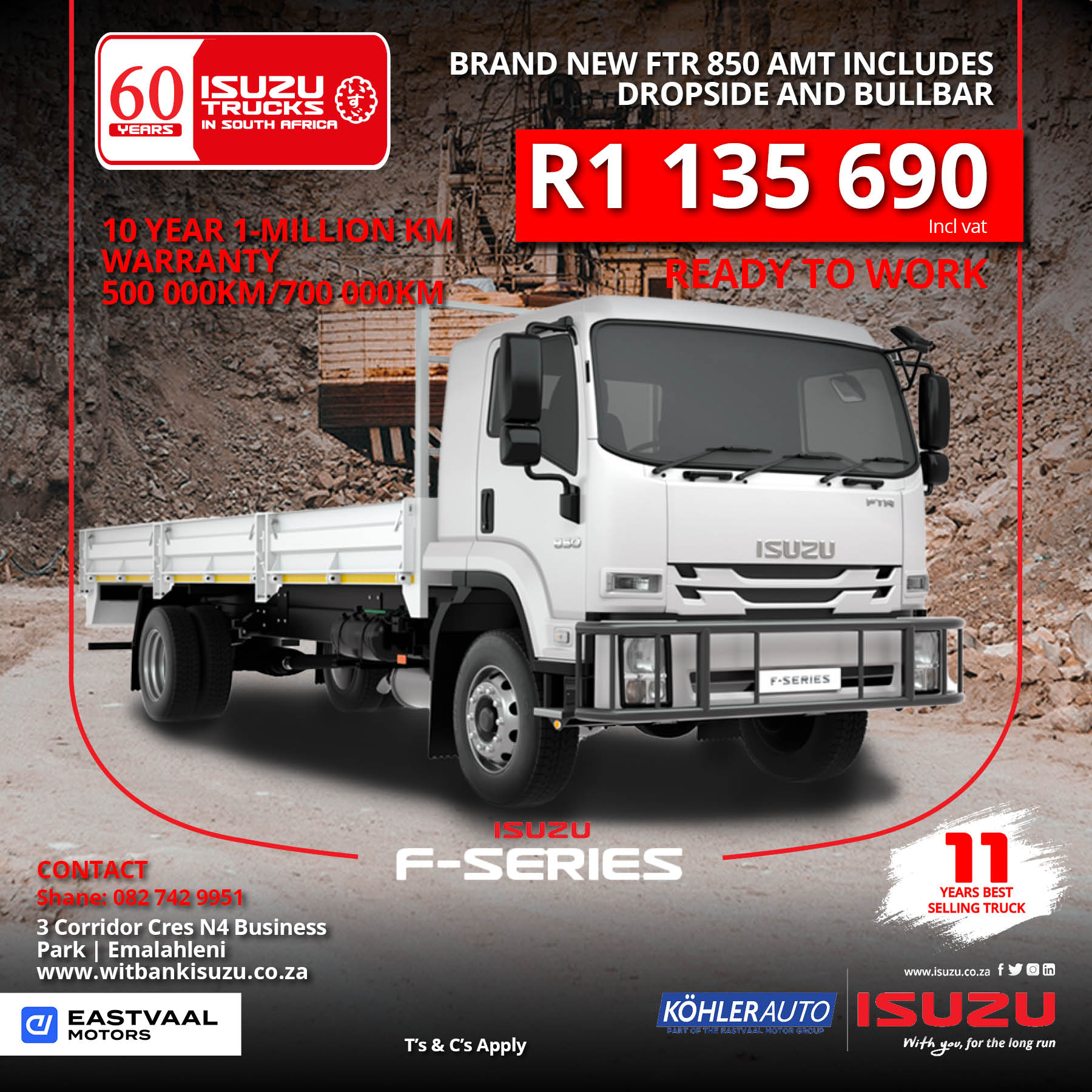 Isuzu FTR 850 AMT includes drop side and bull bar image from Eastvaal Motors