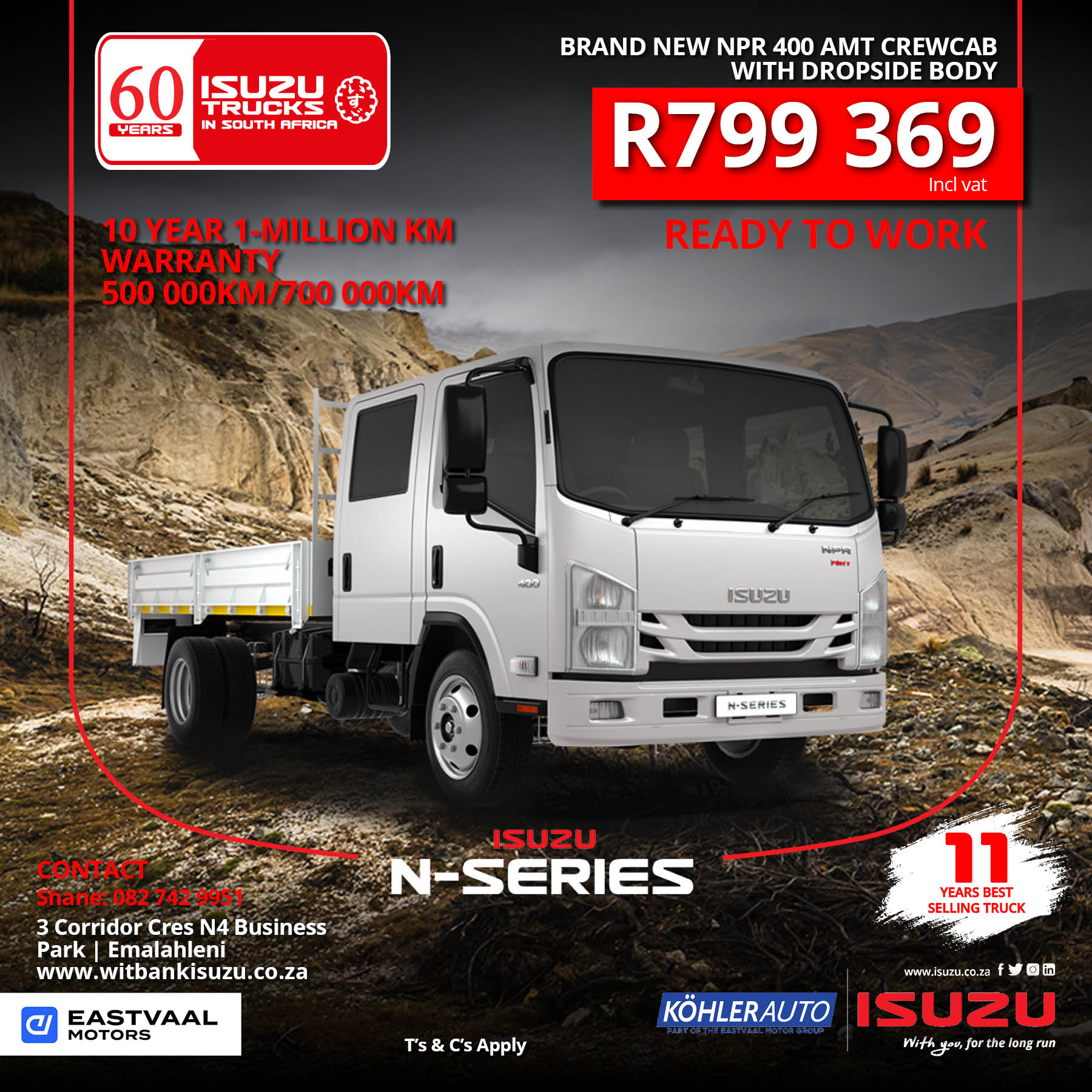 Isuzu NPR 400 AMT crew cab with drop side body image from Eastvaal Motors